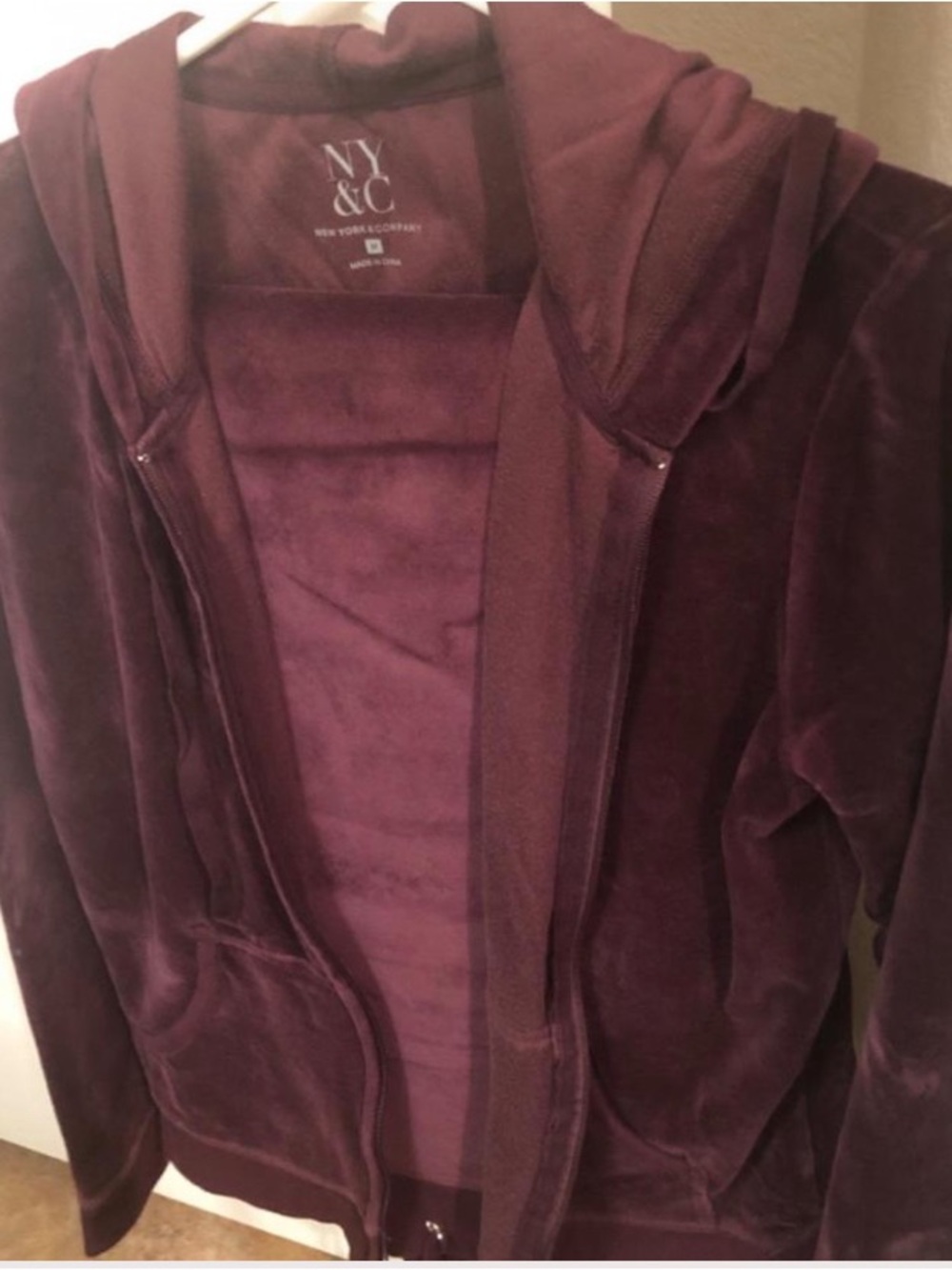 New York & Company Velvet Zip-Up Hoodie Jacket - Plum